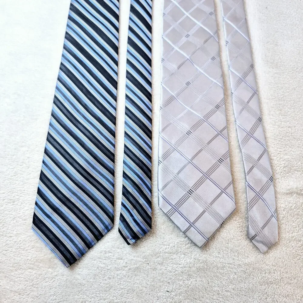 Lot of 2 DKNY Donna Karan Designer Striped Blue & Gray 100% Silk Neckties